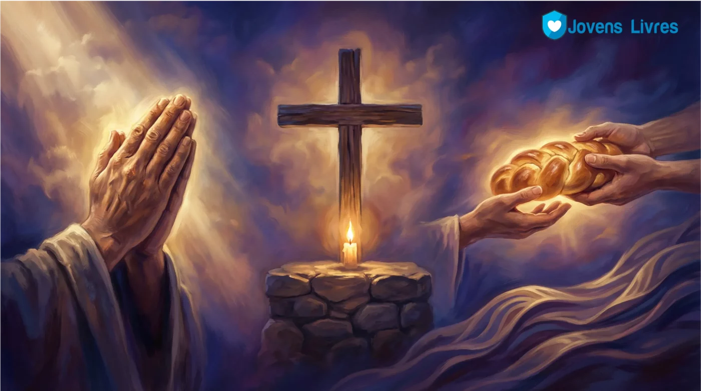 Os três pilares da Quaresma: mãos em oração, uma cruz com vela e pão sendo partilhado